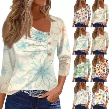 Женская рубашка с рукавом три четверти, футболка с цветочным принтом, повседневный приталенный топ XL