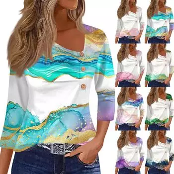 Женская рубашка с рукавом три четверти, футболка с градиентным цветным принтом, повседневный приталенный топ XXXL циан