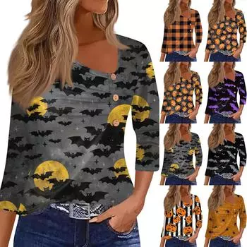 Женская рубашка с рукавом три четверти, футболка с принтом на пуговицах на Хэллоуин, повседневный облегающий топ XXXL золотой