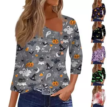 Женская рубашка с рукавом три четверти, футболка с принтом на пуговицах на Хэллоуин, повседневный облегающий топ XXXL