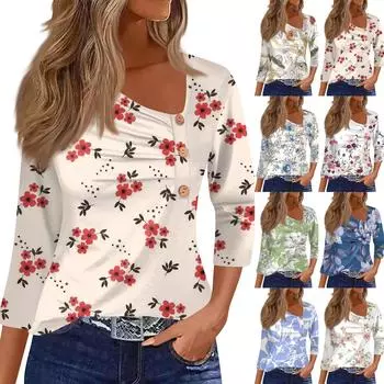 Женская рубашка с рукавом три четверти, футболка с цветочным принтом, повседневный приталенный топ S красный