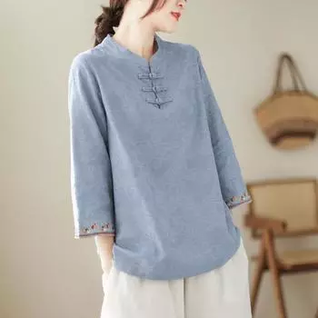 Женская рубашка с рукавом три четверти, жаккардовая рубашка из хлопка и льна в стиле ретро с дисковыми пуговицами XXL белый