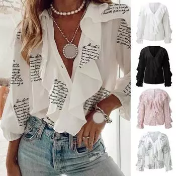 Женская рубашка с рюшами и v-образным вырезом, пышная рубашка с длинными рукавами, свободный крой, однобортные топы, шифоновая блузка с буквенным принтом, уличная одежда XL