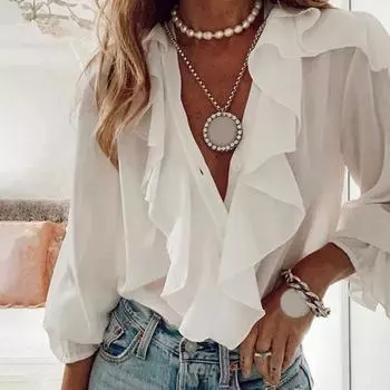 Женская рубашка с рюшами и v-образным вырезом, пышная рубашка с длинными рукавами, свободный крой, однобортные топы, шифоновая блузка с буквенным принтом, уличная одежда XL белый