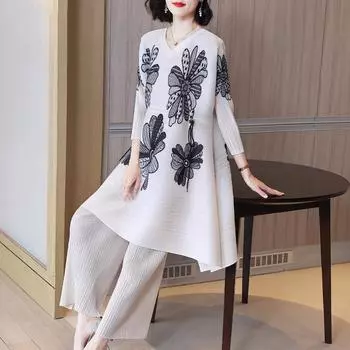 Женская рубашка с темпераментным принтом больших размеров, летняя свободная плиссированная рубашка из 2 предметов + брюки для женщин one size белый