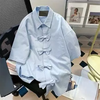 Женская рубашка с трехмерным бантом и пряжкой, синяя, с отворотом, с коротким рукавом, летняя, милая, в стиле колледжа, одежда для девочек M синий