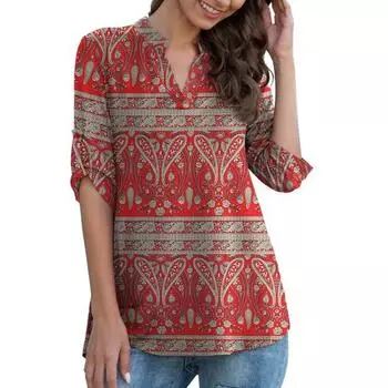 Женская рубашка с V-образным вырезом 45720, легкие топы с закатанными рукавами, туника с цветочным принтом и струящимся подолом XXXXL