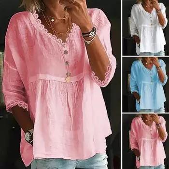 Женская рубашка с V-образным вырезом 45720 рукав свободный крой кружевные топы сращивания однотонные S белый