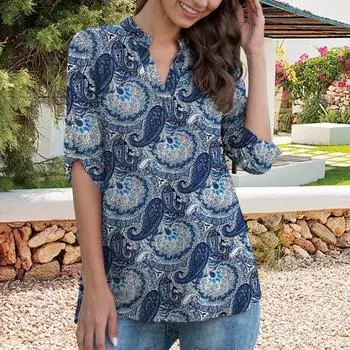 Женская рубашка с V-образным вырезом 45720, легкие топы с закатанными рукавами, туника с цветочным принтом и струящимся подолом XXXXL