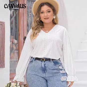 Женская рубашка с v-образным вырезом больших размеров, повседневная блузка с длинным рукавом и рукавом-фонариком, рубашка размера плюс 1XL белый