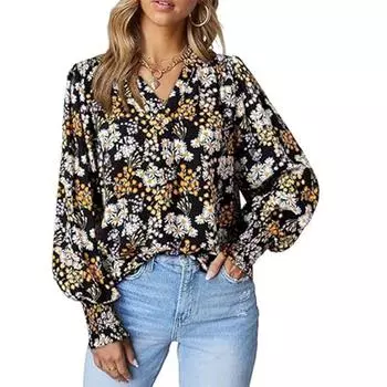 Женская рубашка с V-образным вырезом, цветочным принтом, плиссировкой на пуговицах и длинными рукавами, футболки, женские блузки и рубашки S чёрный