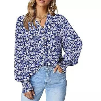 Женская рубашка с V-образным вырезом, цветочным принтом, плиссировкой на пуговицах и длинными рукавами, футболки, женские блузки и рубашки S небесно-голубой