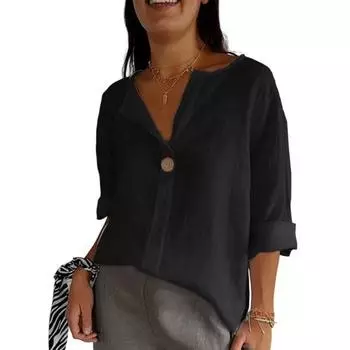 Женская рубашка с V-образным вырезом, декором на пуговицах, рукавом 3/4, свободный крой, базовый вырез, однотонная летняя рубашка S