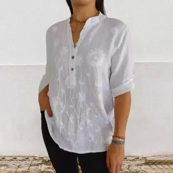 Женская рубашка с V-образным вырезом, декором на пуговицах, коротким рукавом, свободным кроем, повседневная рубашка с цветочным принтом, удобные универсальные топы XXXL серый