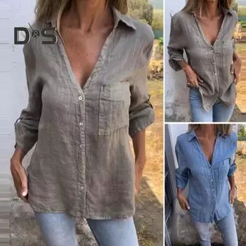 Женская рубашка с V-образным вырезом, длинным рукавом, застегивающаяся на пуговицы, с накладным карманом, однотонная, стандартного кроя, повседневные топы M хаки