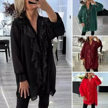 Женская рубашка с V-образным вырезом, длинным рукавом, оборками, шифоновая рубашка, однобортная, свободного кроя, однотонная рубашка, повседневные топы обычного кроя XL темно-красного