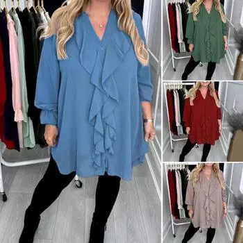 Женская рубашка с V-образным вырезом, длинным рукавом, оборками, повседневная рубашка, однотонные повседневные свободные топы, шифоновая блузка, повседневная одежда XL армия зеленый