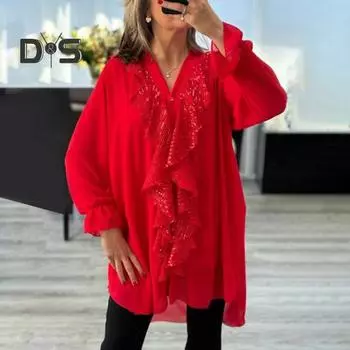 Женская рубашка с V-образным вырезом, длинным рукавом, оборками, шифоновая рубашка, однобортная, свободного кроя, однотонная рубашка, повседневные топы обычного кроя XL чёрный