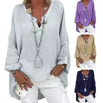 Женская рубашка с V-образным вырезом, длинным рукавом, средней длины, повседневные топы, однотонная свободная футболка из хлопка и льна, повседневная одежда L темно-синий