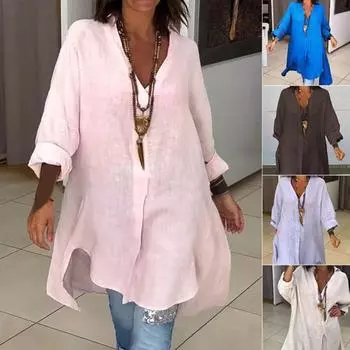 Женская рубашка с V-образным вырезом, длинным рукавом, боковыми разрезами, пуловер, топы, однотонная свободная летняя рубашка, повседневная одежда M темно-синий