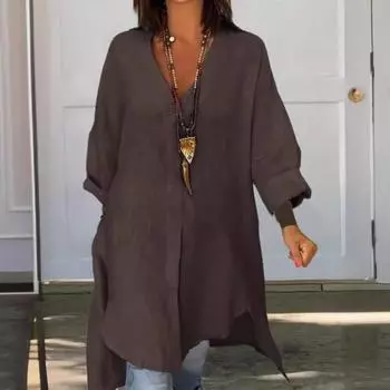 Женская рубашка с V-образным вырезом, длинным рукавом, боковыми разрезами, пуловер, топы, однотонная свободная летняя рубашка, повседневная одежда S темно-коричневого