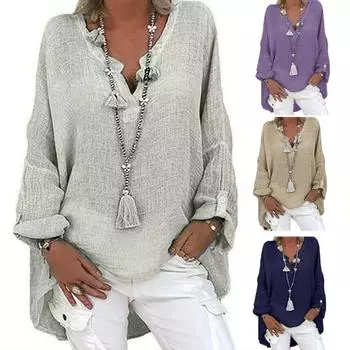 Женская рубашка с V-образным вырезом, длинным рукавом, средней длины, повседневные топы, однотонная свободная футболка из хлопка и льна, повседневная одежда XL светло-серый