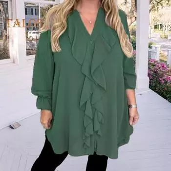 Женская рубашка с V-образным вырезом, длинным рукавом, оборками, повседневная рубашка, однотонные повседневные свободные топы, шифоновая блузка, повседневная одежда M светло-серый