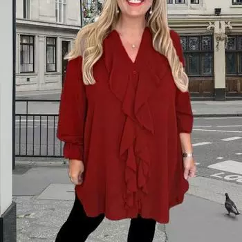 Женская рубашка с V-образным вырезом, длинным рукавом, оборками, повседневная рубашка, однотонные повседневные свободные топы, шифоновая блузка, повседневная одежда M армия зеленый