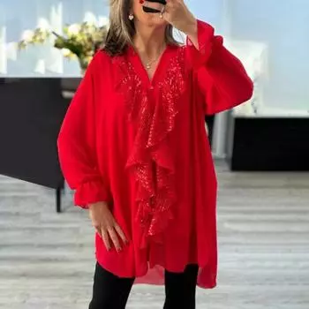 Женская рубашка с V-образным вырезом, длинным рукавом, оборками, шифоновая рубашка, однобортная, свободного кроя, однотонная рубашка, повседневные топы обычного кроя 2XL чёрный