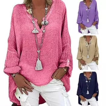 Женская рубашка с V-образным вырезом, длинным рукавом, средней длины, повседневные топы, однотонная свободная футболка из хлопка и льна, повседневная одежда L фиолетовый