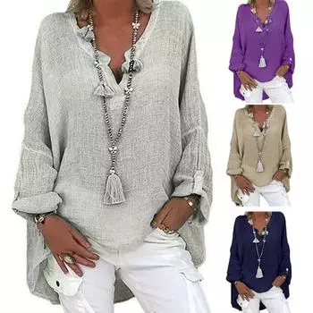 Женская рубашка с V-образным вырезом, длинным рукавом, средней длины, повседневные топы, однотонная свободная футболка из хлопка и льна, повседневная одежда 2XL светло-серый