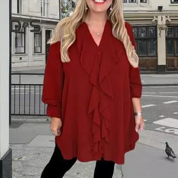 Женская рубашка с V-образным вырезом, длинным рукавом, оборками, повседневная рубашка, однотонные повседневные свободные топы, шифоновая блузка, повседневная одежда XL армия зеленый