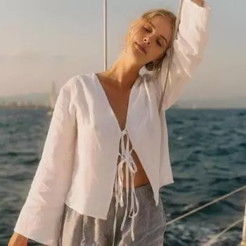 Женская рубашка с v-образным вырезом и длинным рукавом, свободная посадка, однотонная рубашка, топы, летний кардиган на шнуровке с бантом, рубашка с завязкой на галстуке, топ L белый