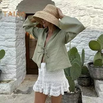 Женская рубашка с v-образным вырезом и длинным рукавом, свободная посадка, однотонная рубашка, топы, летний кардиган на шнуровке с бантом, рубашка с завязкой на галстуке, топ L белый