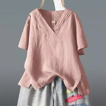Женская рубашка с v-образным вырезом и коротким рукавом, свободная тонкая однотонная рубашка в стиле ретро с нерегулярным разрезом и топом, уличная одежда L розовый