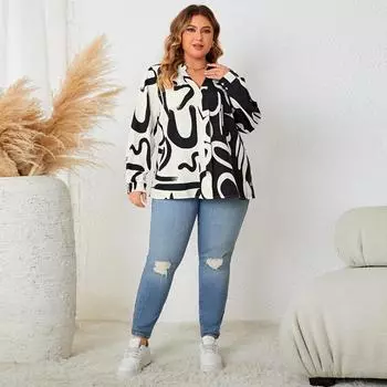 Женская рубашка с v-образным вырезом и длинными рукавами-фонариками, свободная летняя футболка в стиле пэчворк с графическим принтом, повседневная рабочая дышащая легкая модная рубашка плюс XL чёрный