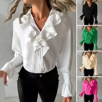 Женская рубашка с v-образным вырезом и рюшами, однобортная однобортная однобортная рубашка с длинными рукавами и пышными рукавами, женская элегантная блузка в повседневном стиле M белый
