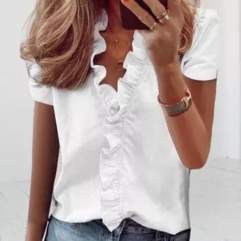 Женская рубашка с v-образным вырезом и кружевными рюшами, мягкая блузка с короткими рукавами для свиданий и блузкой в стиле OL L синий