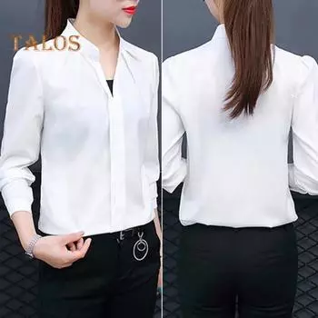 Женская рубашка с v-образным вырезом и воротником-стойкой, рубашка с длинными рукавами, топы, однотонная, приталенная, повседневная рубашка, рабочая одежда M вино красного