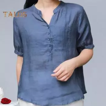 Женская рубашка с v-образным вырезом и пуговицами, половина планки, накладной карман, пуловер с короткими рукавами, однотонные свободные повседневные топы XXL темно-синий