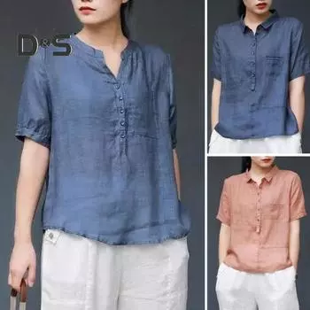Женская рубашка с v-образным вырезом и пуговицами, половина планки, накладной карман, пуловер с короткими рукавами, однотонные свободные повседневные топы XXL темно-синий
