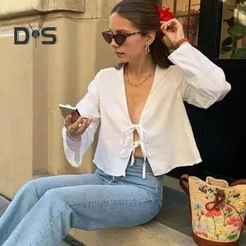 Женская рубашка с v-образным вырезом и длинным рукавом, свободная посадка, однотонная рубашка, топы, летний кардиган на шнуровке с бантом, рубашка с завязкой на галстуке, топ L белый