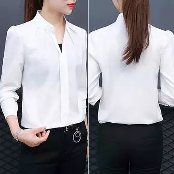 Женская рубашка с v-образным вырезом и длинным рукавом, цветная тонкая рубашка, топы, однотонный воротник-стойка, подходит для повседневной рубашки, спецодежды M вино красного