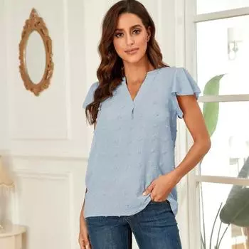 Женская рубашка с V-образным вырезом и оборками на рукавах, лето 2025, новый топ с шифоновым принтом Hairball S розовый