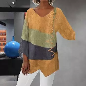 Женская рубашка с v-образным вырезом и длинным рукавом, повседневная блузка с пуловером с цветными блоками, уличная одежда 4XL жёлтый