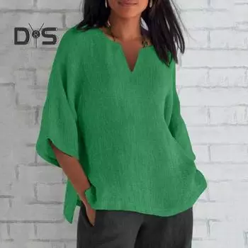 Женская рубашка с v-образным вырезом и рукавами 3/4, весенне-осенняя однотонная свободная посадка с разрезом по бокам, повседневная блузка большого размера, уличная одежда XL светло-синий