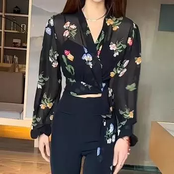 Женская рубашка с V-образным вырезом и слегка прозрачным галстуком с длинными рукавами, новинка 2025 года, летняя тонкая блузка с защитой от солнечных ожогов S чёрный