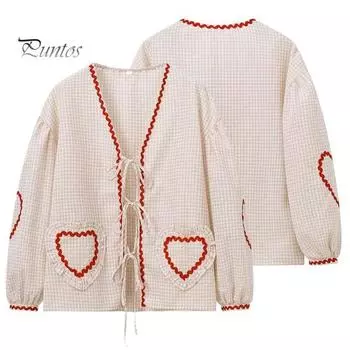 Женская рубашка с v-образным вырезом и длинным рукавом на шнуровке Кардиган Рубашка в клетку с принтом в виде сердца Свободный крой Топы с карманами Уличная одежда M синий