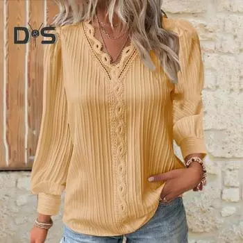 Женская рубашка с v-образным вырезом и кружевной отделкой, пуловер с длинными рукавами, однотонный топ свободного покроя с кружевным декором M белый