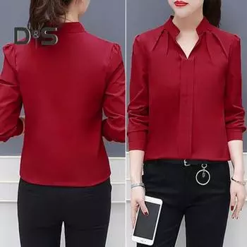 Женская рубашка с v-образным вырезом и воротником-стойкой, рубашка с длинными рукавами, топы, однотонная, приталенная, повседневная рубашка, рабочая одежда M вино красного